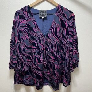 Johnny Was‎ Top Women's Large Selene Tiered Blouse Burnout Velvet Bell Sleeve